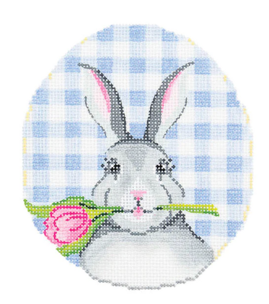 KEA71 Bunny with Tulip on Blue Gingham Easter Egg