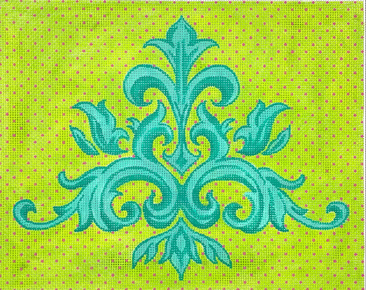 PL-529 Leafy Damask Turquoise on Lime Green