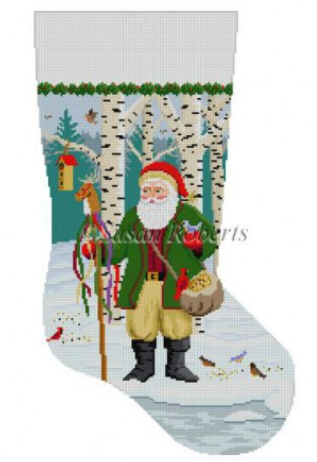 Susan Roberts needlepoint canvas for a Christmas stocking of Santa feeding the birds in a forest with birch trees and a birdhouse