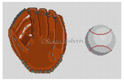 Susan Roberts children's needlepoint canvas of a baseball and glove designed to be a tooth fairy pillow