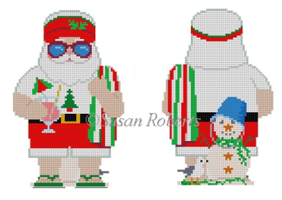 Susan Roberts needlepoint canvas of a Santa ready for the beach with both front and back views. Santa is holding a tropical cocktail with a red and green umbrella and a red, green, and white striped towel and wearing flip flops and a visor. Behind him is a snowman made of sand with a bucket as a hat and a seagull.
