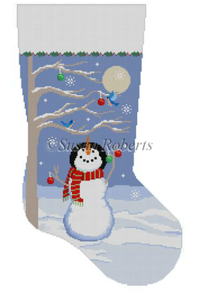 Susan Roberts Christmas stocking needlepoint canvas of a cheerful snowman putting ornaments on a winter tree under the full moon at night in the snow with bluebirds