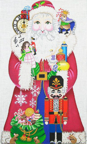 Amanda Lawford Santa needlepoint canvas with nutcracker, mouse king and bag of sweets