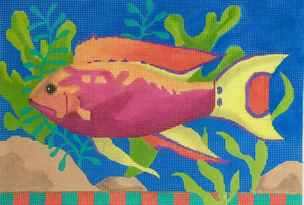 Amanda Lawford bright tropical fish needlepoint canvas with checkered border