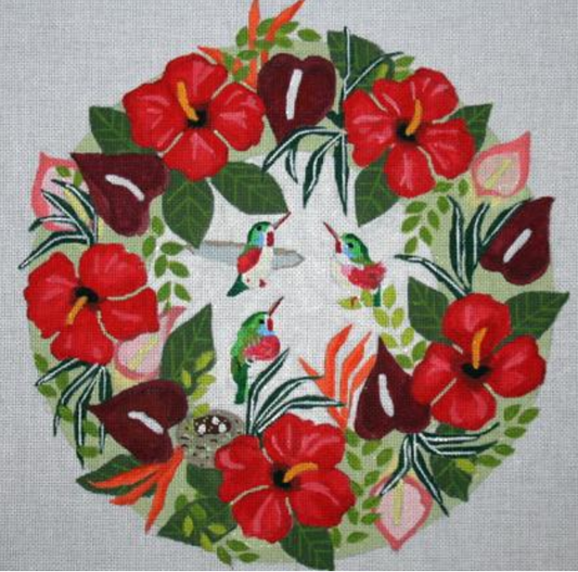 Melissa Prince bright and tropical needlepoint canvas of a wreath with hibiscus flowers and three hummingbirds and their nest