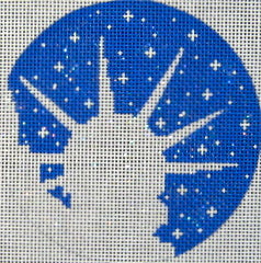 DC designs and Vallerie Needlepoint Gallery (VNG) round winter needlepoint canvas of the silhouette of the Statue of Liberty in New York City on a snowy background