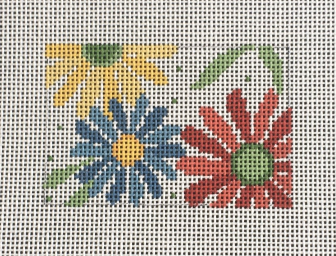 Susan Roberts rectangular needlepoint canvas of flowers and leaves sized for self-finishing boxes (insert)