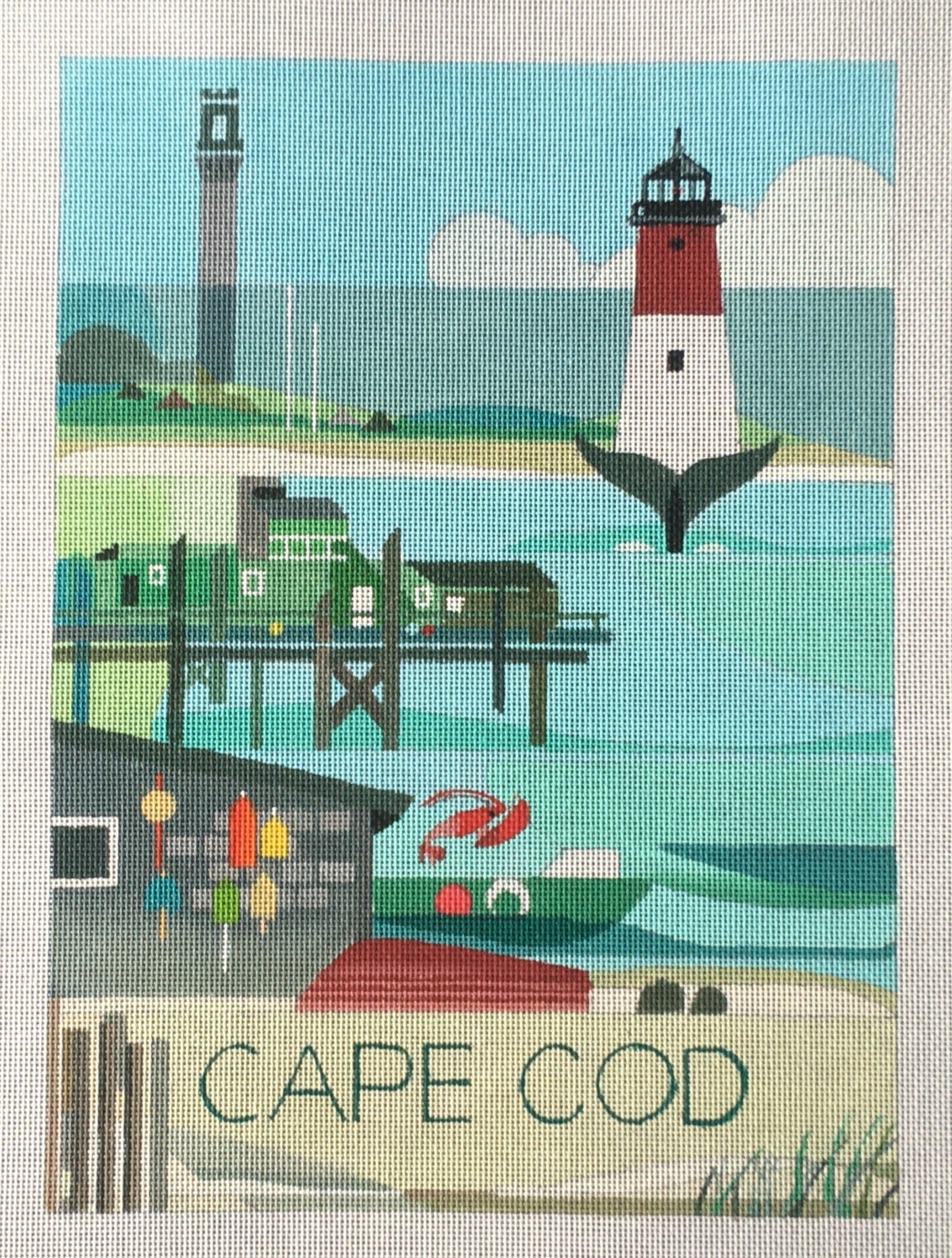 Max and Oscar for Painted Pony needlepoint canvas of a Cape Cod, Massachusetts beach with a lighthouse and whale in the background and a lobster boat