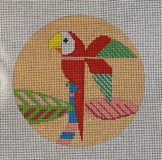 Scott Partridge round needlepoint canvas of a tropical geometric and stylized macaw parrot
