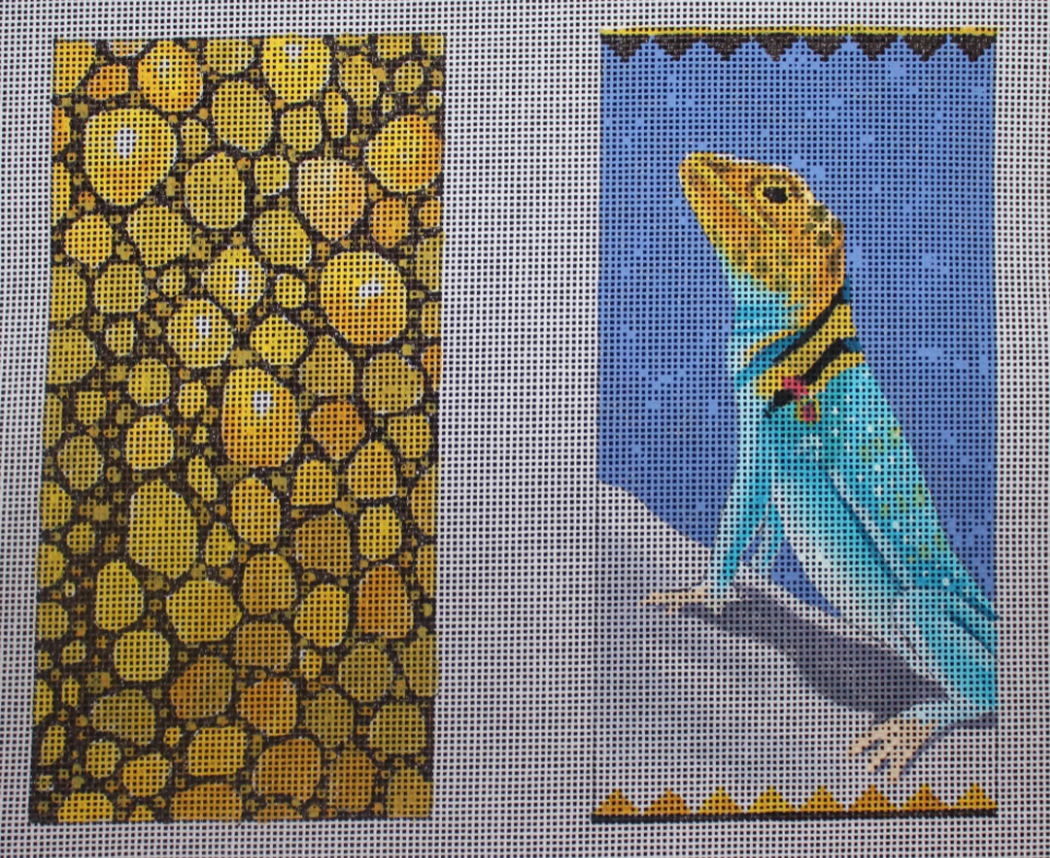 Colors of Praise needlepoint eyeglass case canvas with two sides - one with a yellow-headed lizard and the other with a yellow and black scale pattern