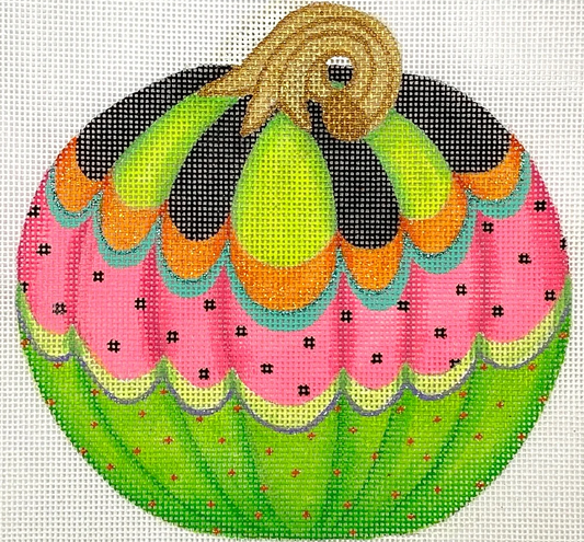 Kate Dickerson needlepoint canvas of a shaped standup pumpkin (part of her series of funky pumpkins) with three horizontal sections: lime green and black stripes, pink with black polka dots, and lime green with tiny pink polka dots. The sections are separated by horizontal scalloped stripes