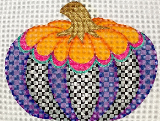 Kate Dickerson needlepoint canvas of a shaped standup pumpkin (part of her funky pumpkin series) of a short and squat pumpkin with vertical checkered sections alternating between purple and purple checks and black and white checks with a solid orange top section and a pink and turquoise scalloped stripe separating the two sections