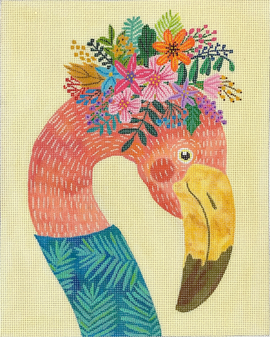Mia Charro for Kate Dickerson needlepoint canvas of a flamingo with a floral crown on a pale yellow background