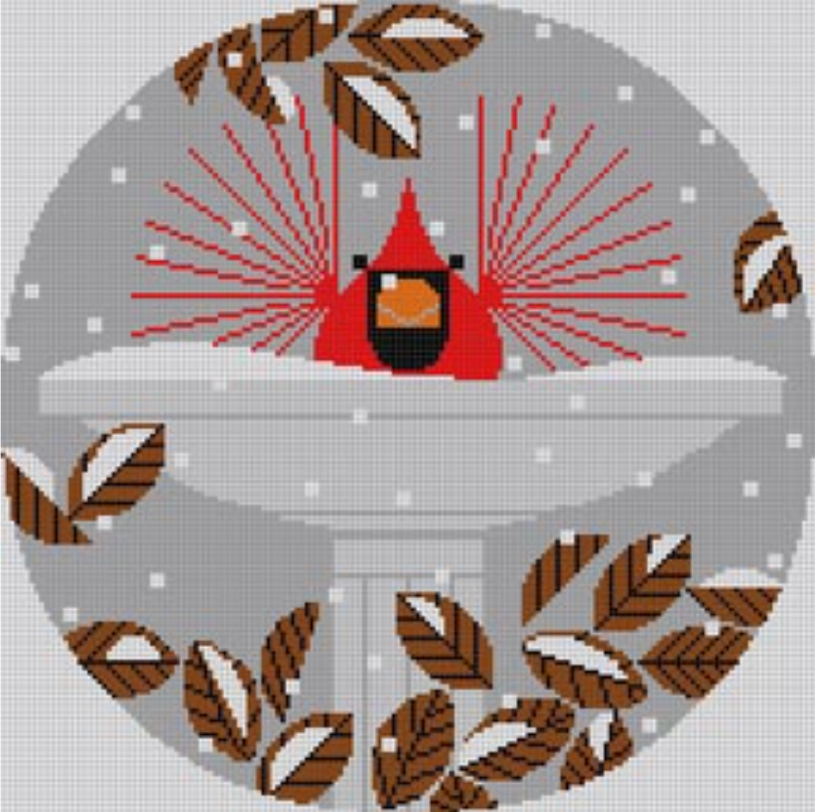 Charley Harper for the Meredith Collection needlepoint canvas of a cardinal bird in a birdbath with snow and winter foliage