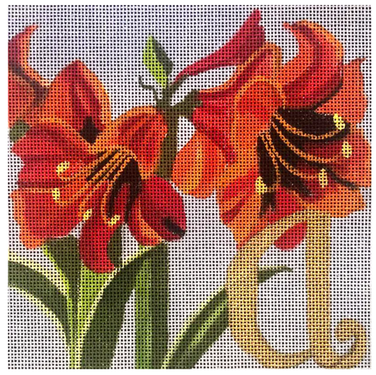 Melissa Prince needlepoint canvas of amaryllis flowers with a golden letter "a"