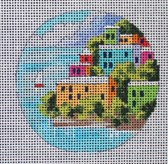 Colors of Praise round needlepoint canvas of a seaside landscape with a sailboat