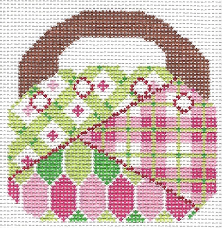 Two Sisters preppy needlepoint canvas of a Bermuda bag with lime green and pink patchwork patterns