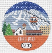 Okemo Vermont round needlepoint canvas with scenery of the town and Christmas trees and mountain ski slopes