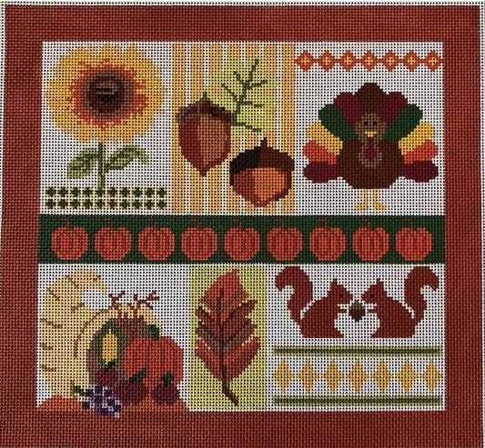 A Stitch in Time Thanksgiving and fall needlepoint canvas of a collage with squirrels, a turkey, acorns, leaves, sunflowers and a cornucopia