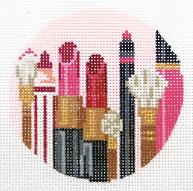 Kelly Clark needlepoint canvas of makeup brushes and lipstick sized for self-finishing boxes (insert)