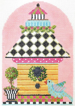 Kelly Clark spring needlepoint canvas of a yellow birdhouse with harlequin roof