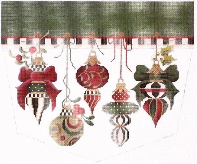 Kelly Clark needlepoint canvas Christmas stocking cuff of Victorian ornaments in forest green and cranberry red