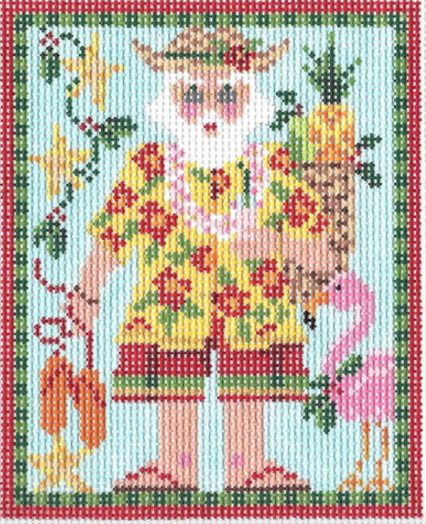 Kelly Clark needlepoint canvas of Santa on the beach with a Hawaiian shirt, flip flops and a flamingo