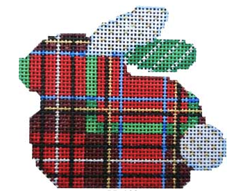 Associated talents bunny rabbit shaped needlepoint canvas with plaid Stewart tartan body