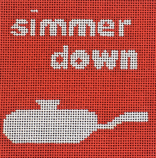 Vallerie Needlepoint Gallery square needlepoint canvas of a sauce pan with lid with the pun phrase "simmer down" designed to be a coaster - the perfect punny gift!