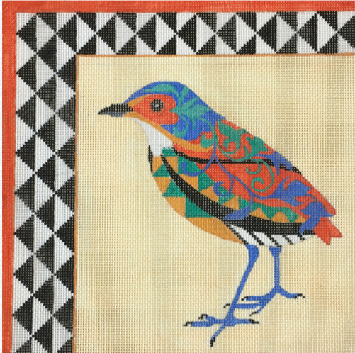 Amanda Lawford needlepoint canvas of a graphic bird with bold geometric border