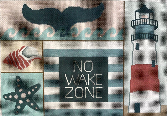 Amanda Lawford for Vallerie Needlepoint Gallery needlepoint canvas collage with a lighthouse, a conch shell, a sea star/starfish, and a whale tail with waves and the saying "no wake zone"