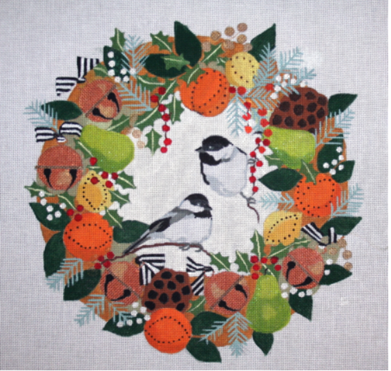 B372 Chickadees In Winter Wreath