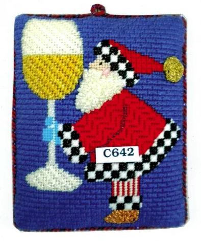 Princess and me Christmas needlepoint canvas with stitch guide of a Santa holding and kissing a giant class of white wine