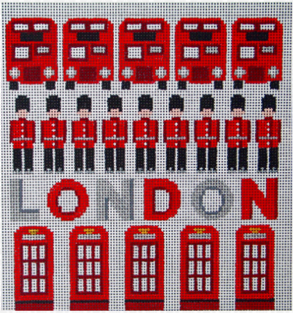 DC Designs needlepoint canvas that says "london" with double-decker buses, iconic red phone booths, and the Queen's royal Beefeater guards