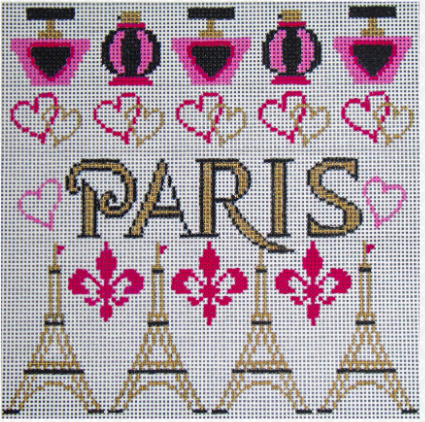 Vallerie Needlepoint Gallery needlepoint canvas that says "paris" with perfume bottles, Eiffel towers, and fleur de lis