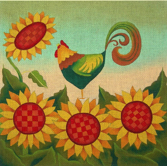 Ewe and Eye needlepoint canvas of a rooster with sunflowers and a sunrise sky 