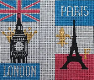 Colors of Praise needlepoint canvas for a double-sided eyeglass case with London on one side and Paris on the other. The London side has the union jack and Big Ben. The Paris side has the French flag, a fleur de lis, and the Eiffel tower