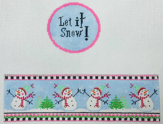 Funda Scully needlepoint canvas for a round hinged box with the phrase "let it snow" on the lid and snowmen on the sides with evergreen pine trees