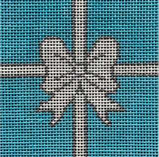 Vallerie Needlepoint Gallery square needlepoint canvas of a white and silver bow on the iconic jewelry turquoise background sized for self-finishing boxes (insert)