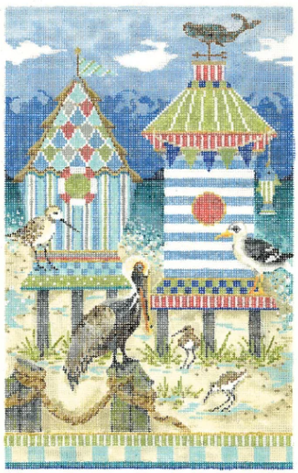 Kelly Clark nautical needlepoint canvas of two birdhouses with a seagull, a sand piper, and a pelican at the beach