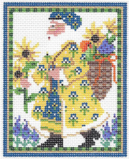 Kelly Clark needlepoint canvas of Santa Claus in Provence France wearing a French country patterned coat picking sunflowers and lavender