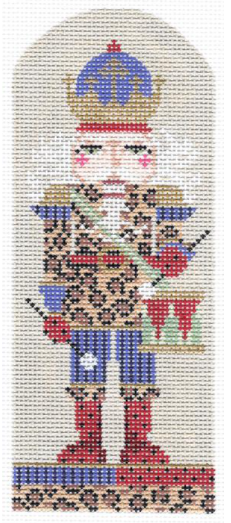 Kelly Clark Christmas needlepoint canvas of a nutcracker wearing cheetah print holding a drum