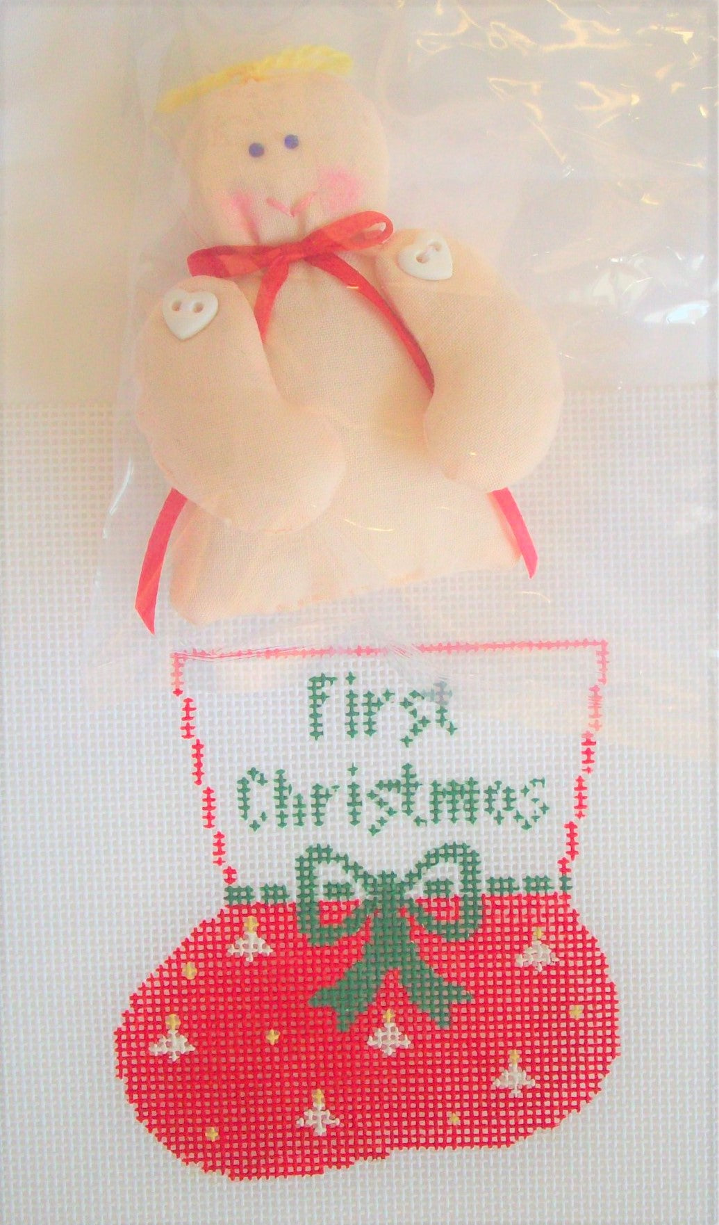 CM225A Trees on Red First Christmas Mini Sock with Baby Insert