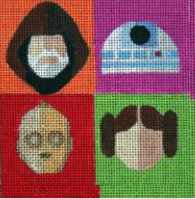 Melissa Prince needlepoint canvas movie coaster for "Star Wars" with Princess Leia, R2D2, C3PO and Obi Wan Kenobi