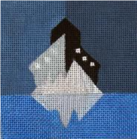 Melissa Prince needlepoint canvas movie coaster for "Titanic" with a geometric boat and iceberg