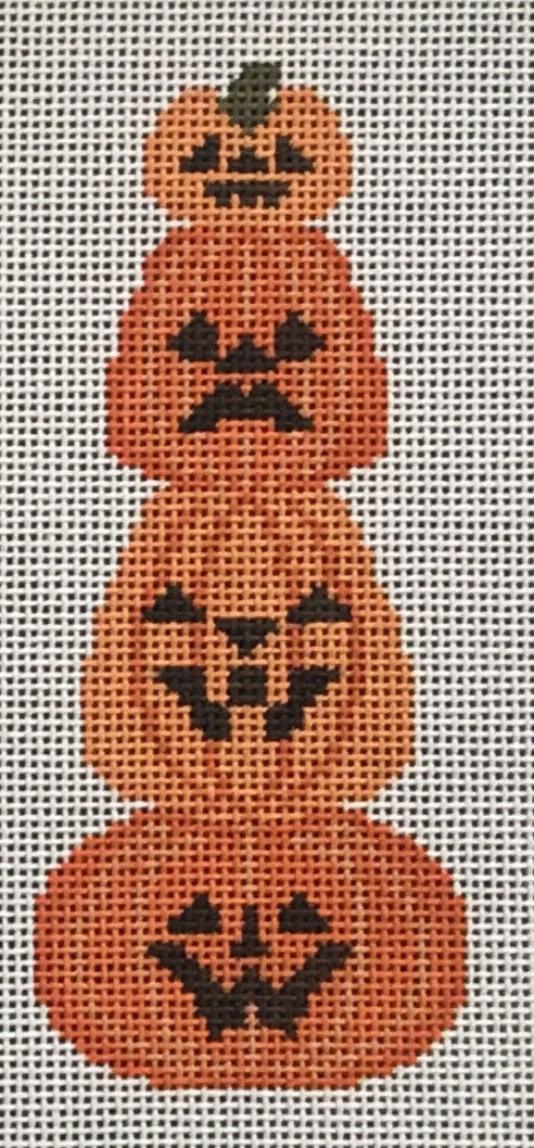 Petei Designs Halloween needlepoint canvas of four stacked jack-o-lanterns