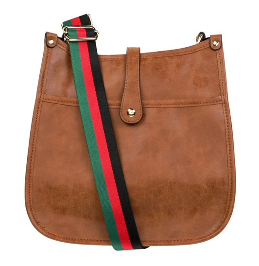 Weathered Brown Crossbody Bag with Red and Green Strap