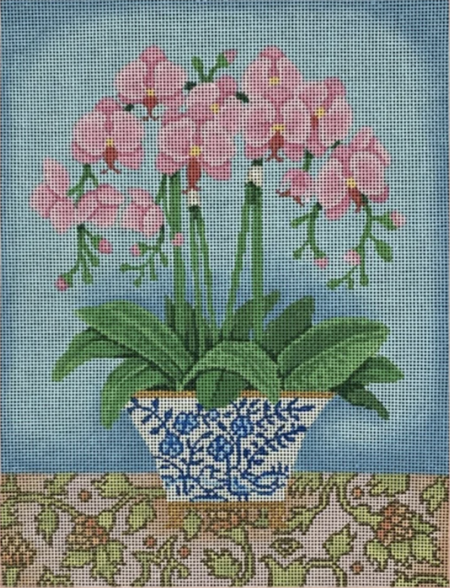 B-526 Pink Orchids in Blue and White Vase - 13 mesh