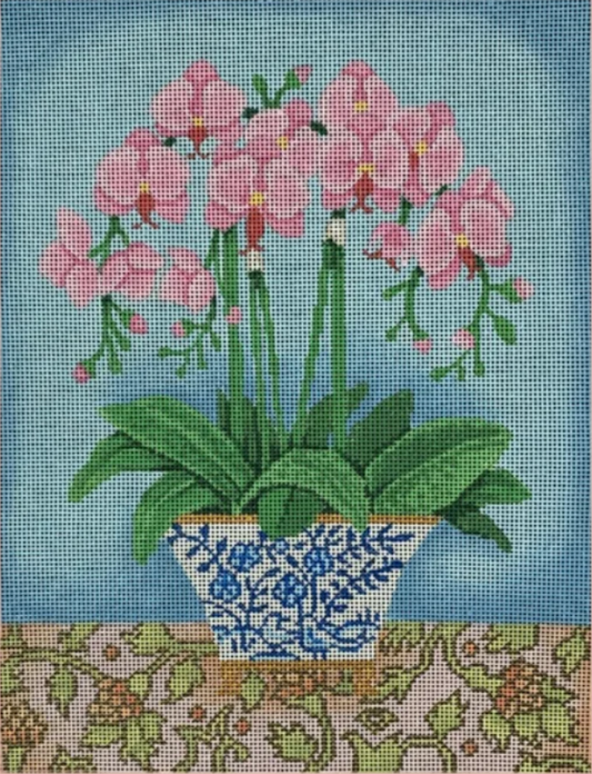 B-526 Pink Orchids in Blue and White Vase - 13 mesh