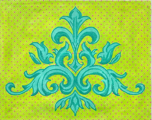 PL-529 Leafy Damask Turquoise on Lime Green